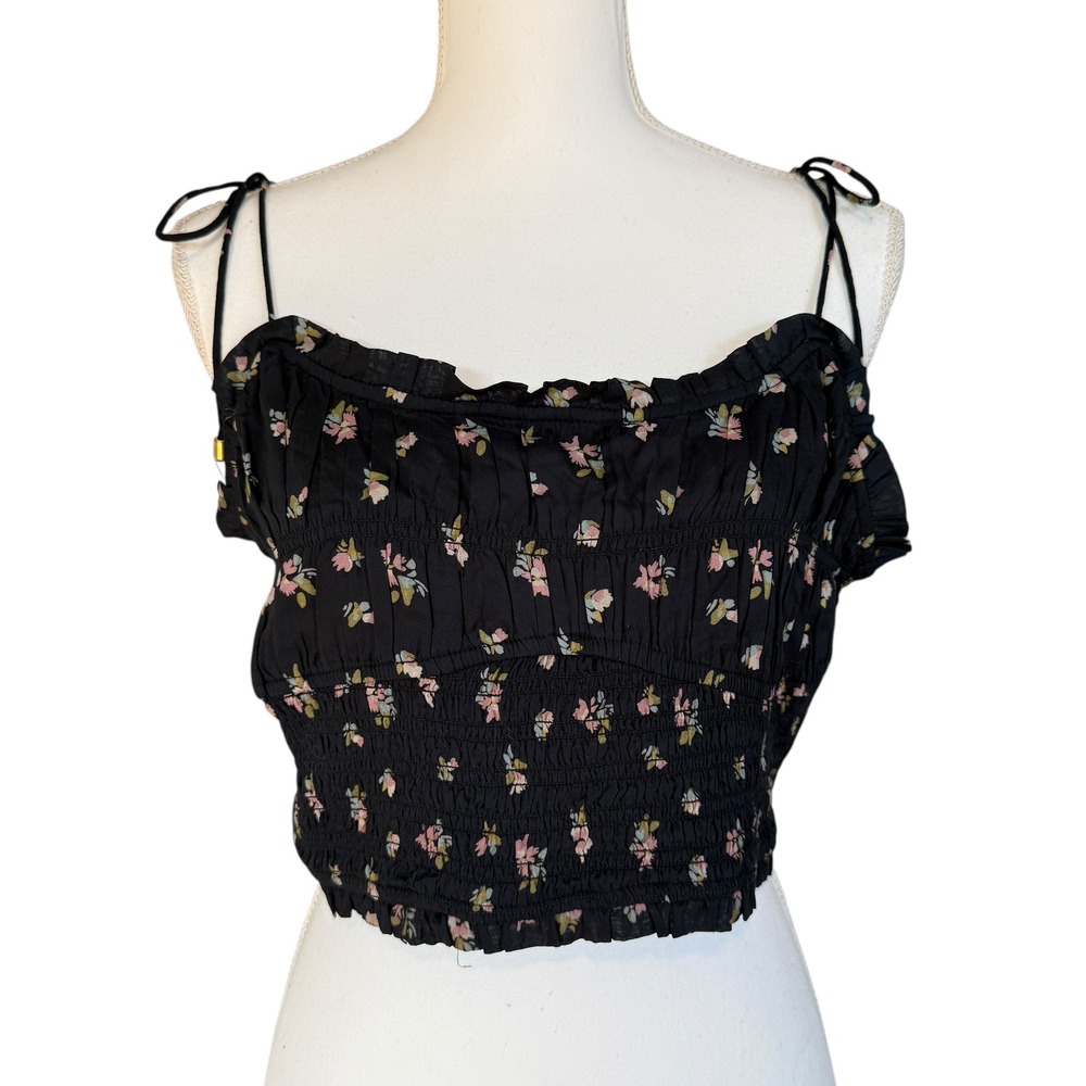 Free‎ People Black Floral Smocked Crop Top Tie Shoulder Ruffle Trim M